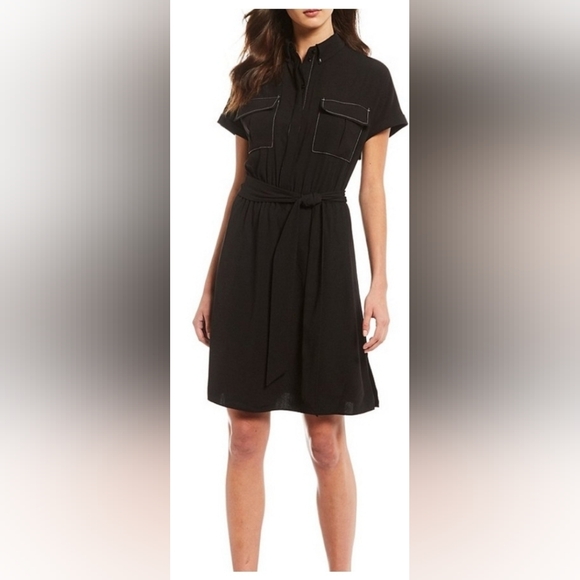 GIBSON & LATIMER Black Belted Shirt Dress Button Up Contrast Stitching SZ LARGE - Picture 1 of 12